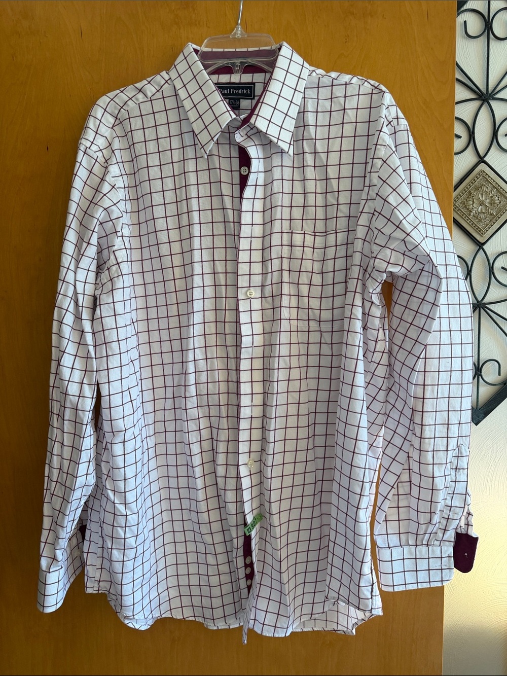 Paul Fredrick Men’s White Windowpane Dress Shirt with Burgundy Grid